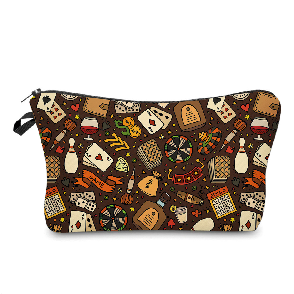 Amazon New Printed Waterproof Cosmetic Bag Playing Cards Dice Pattern Toiletry Storage Multifunctional Clutch