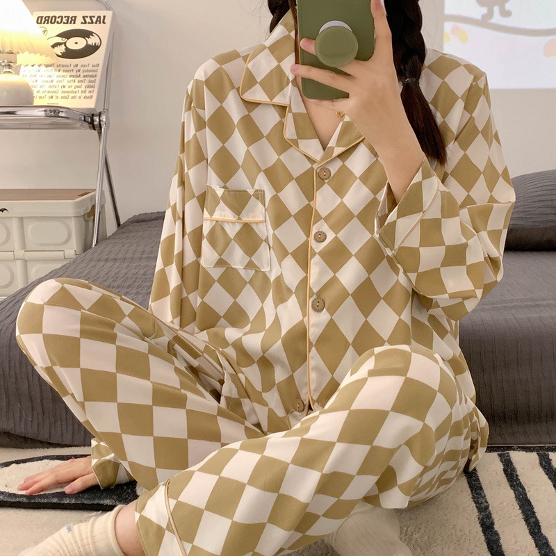 New Ice Silk Pajamas for Women plus Size Loose Apricot Diamond Lattice Autumn and Winter Long Sleeve Cardigan Homewear Suitable for Daily Wear Suit