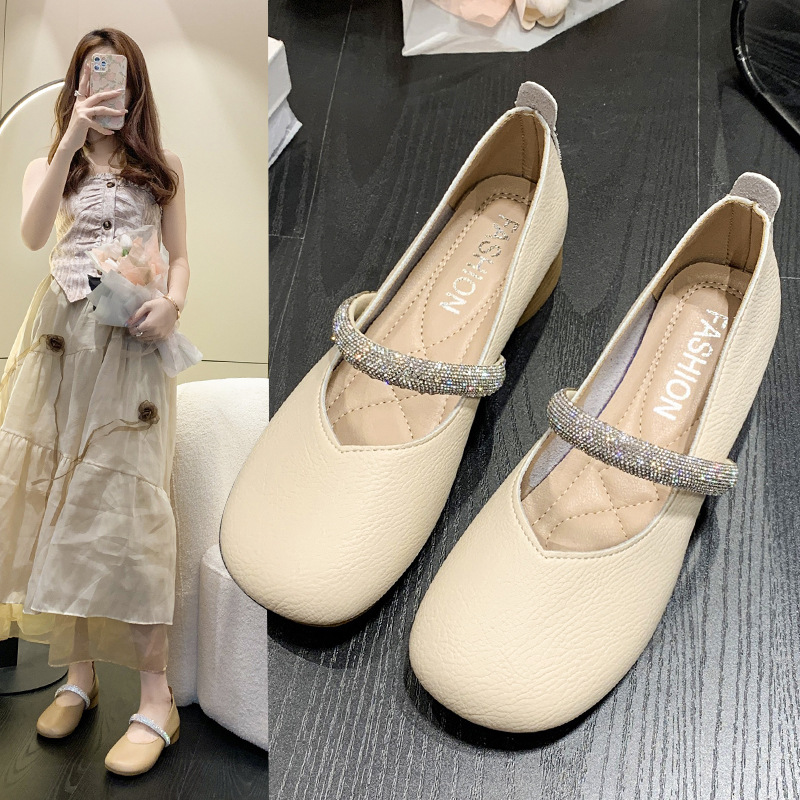 单鞋女2024秋季新款复古平底豆豆鞋罗马水钻瓢鞋韩版休