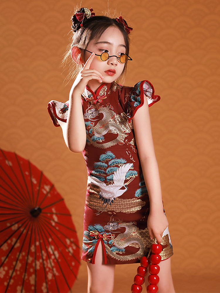 中国风女童礼服改良旗袍夏国潮洋气儿童走秀连衣裙古筝弹奏演出服