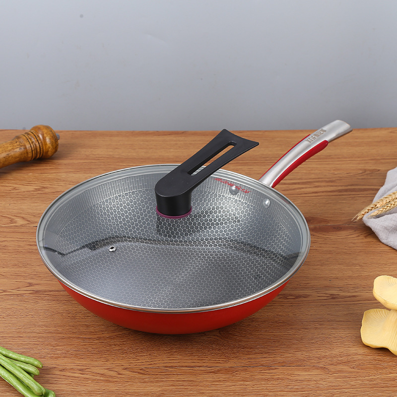 康尼菲不锈钢炒锅微油烟单面蜂窝不粘锅带蒸笼电磁煤气通用炒菜锅