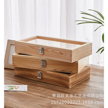 木盒带锁透明桌面收纳盒长方形实木亚克力礼品盒翻盖展示盒