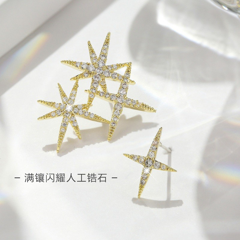 六芒星耳钉女精工微镶不对称流星耳环新潮款超闪米字耳饰轻奢时尚