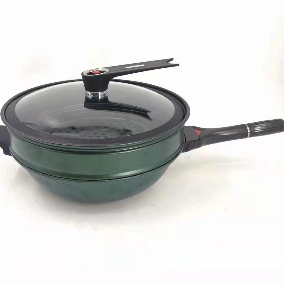 微压锅麦饭石色不粘锅汤锅一体蒸炒锅家用炒菜锅电燃气灶适用