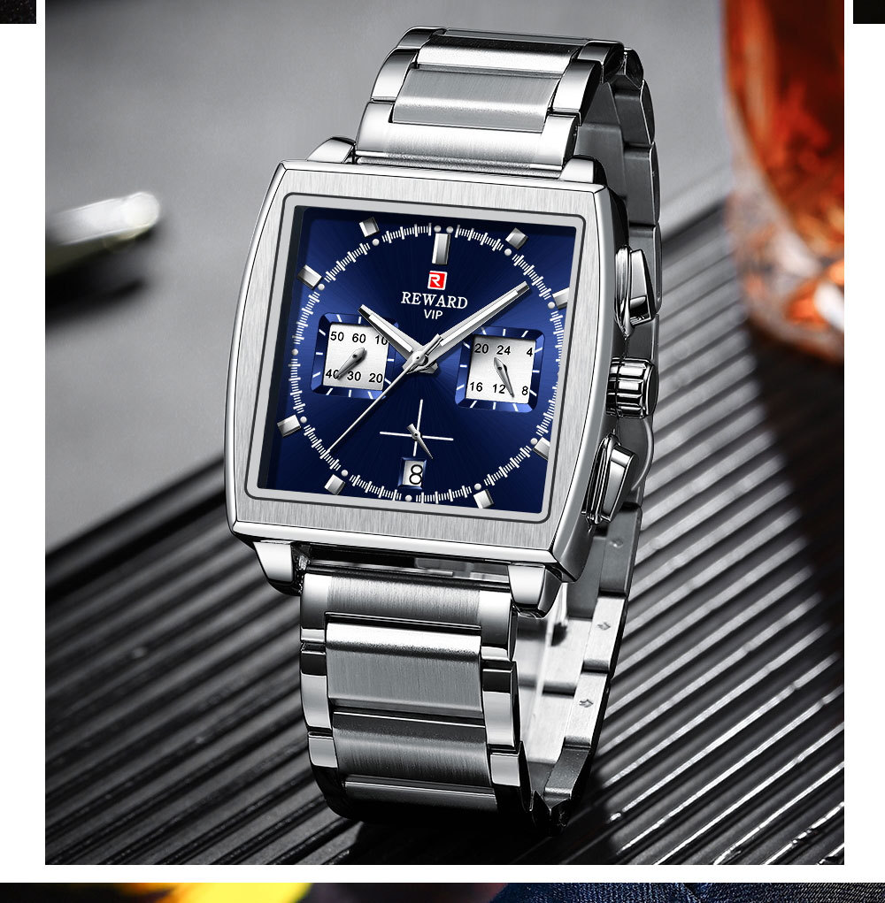 reward方形男士商务手表计时日历24小时多功能防水男表不锈钢表带