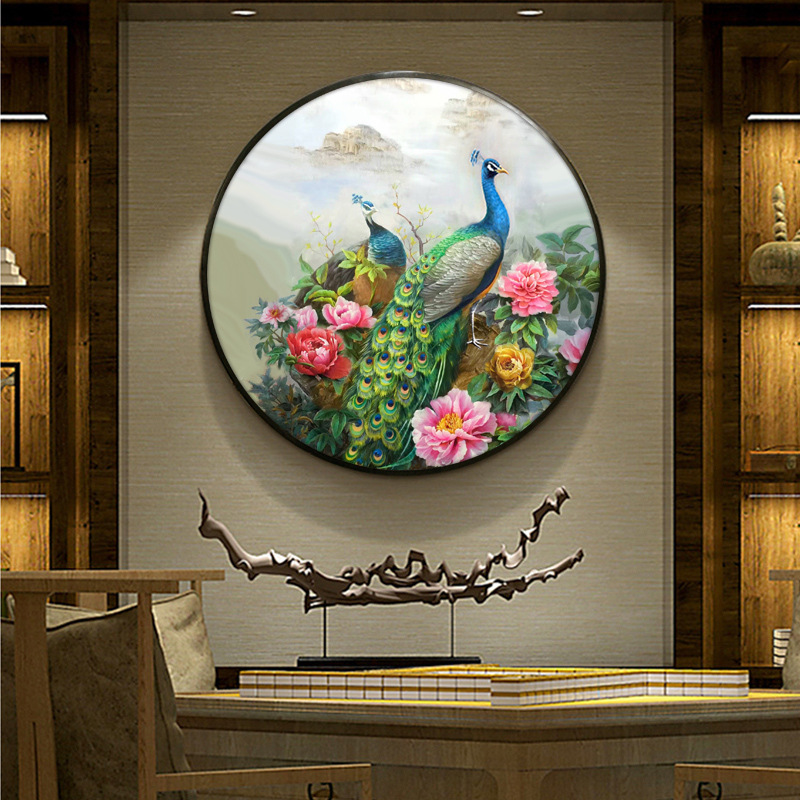 画餐厅壁画孔雀牡丹晶瓷画65-218国画字画书画精品裴福生牡丹客厅装饰