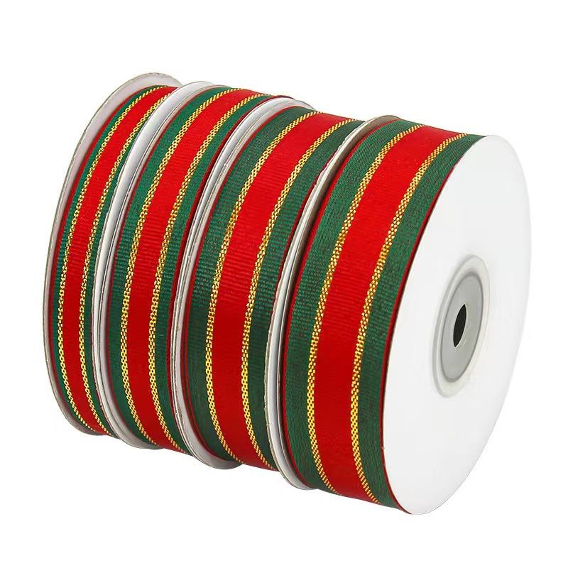 Cross-Border New Arrival Christmas Ribbon Red and Green Stripes Ribbon Jacquard Package Ribbon Gift Accessories Ribbon Factory Wholesale