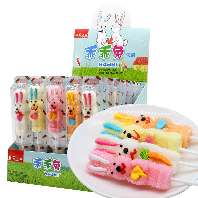 21克卡通兔子果汁软糖水果味棒棒糖儿童串烧糖果网红零食大批发