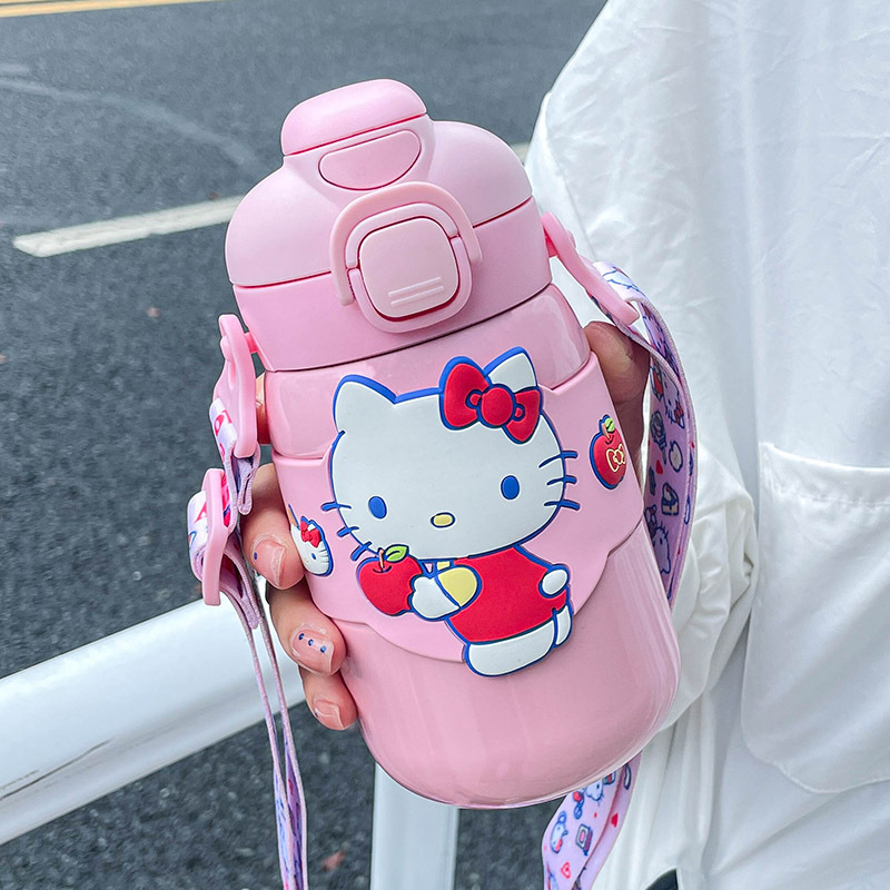 Hellokitty Vacuum Cup Good-looking Cute Cup Straw Portable Lanyard Strap Children's Double Drinking Cup Sanrio