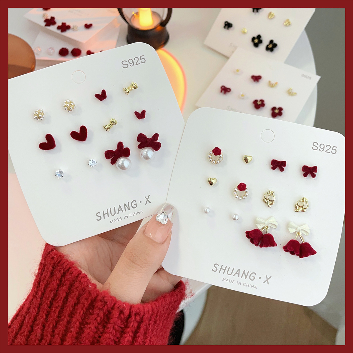 Bowknot Flocking Earrings Set Exquisite Design Niche Earrings High-Grade Temperament Cute Earrings Autumn and Winter