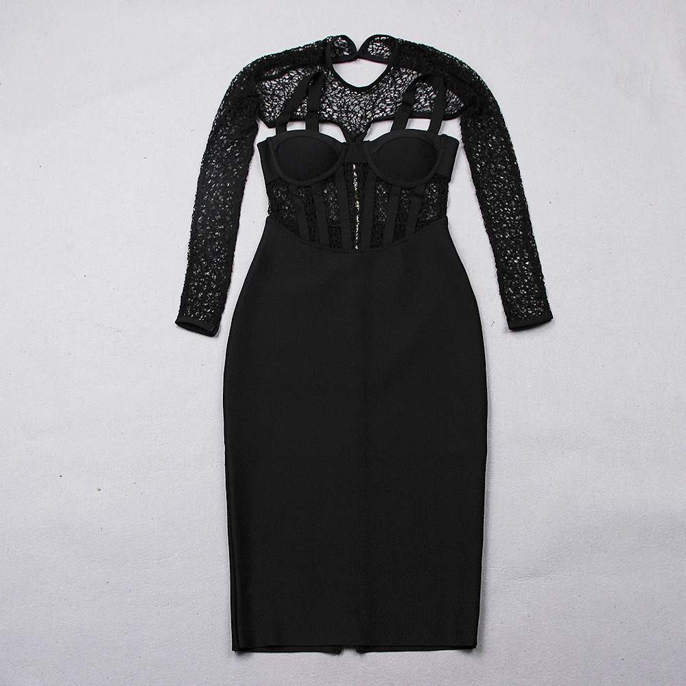 2021新款欧美长袖网纱透明雕花镂空复古性感拼接露背黑色连衣裙