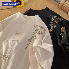 NASA盘扣刺绣棉麻衬衫男士短袖夏季薄款宽松大码男装中国风亚麻衬
