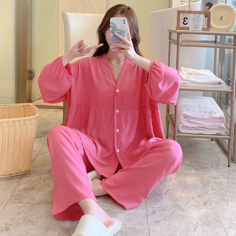 新款棉绸睡衣女开衫两套装睡衣女春季长袖人造棉女士家居服套装春