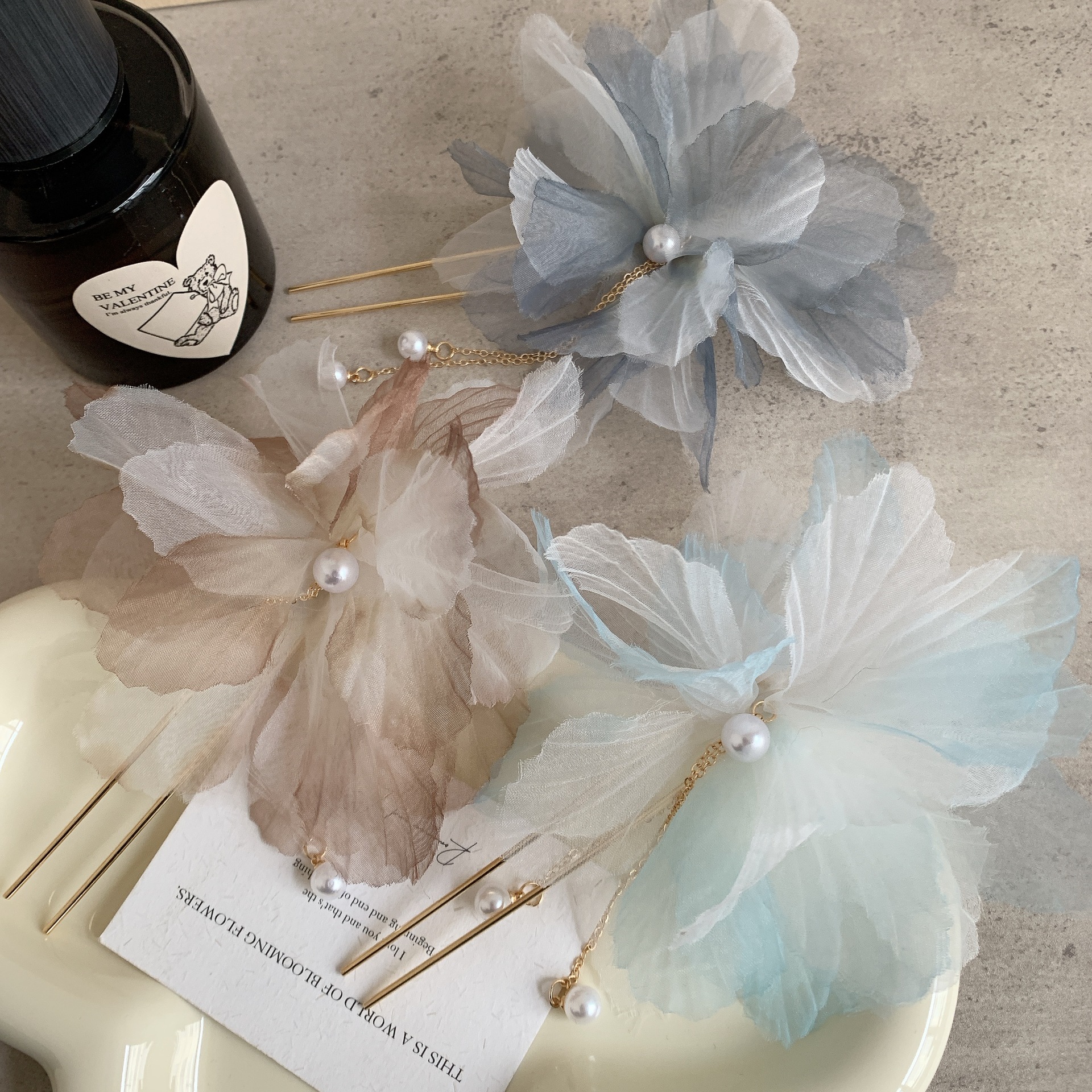 新中式超仙雪纺花朵珍珠流苏发簪温柔复古民族风盘发发钗发饰头饰