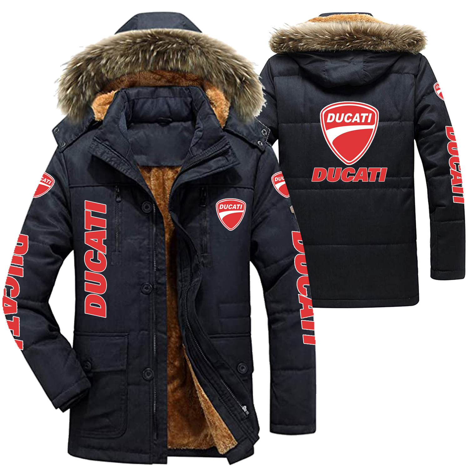 2022跨境男装男士印花棉服车标logo杜卡迪摩托车爱好者保暖棉衣