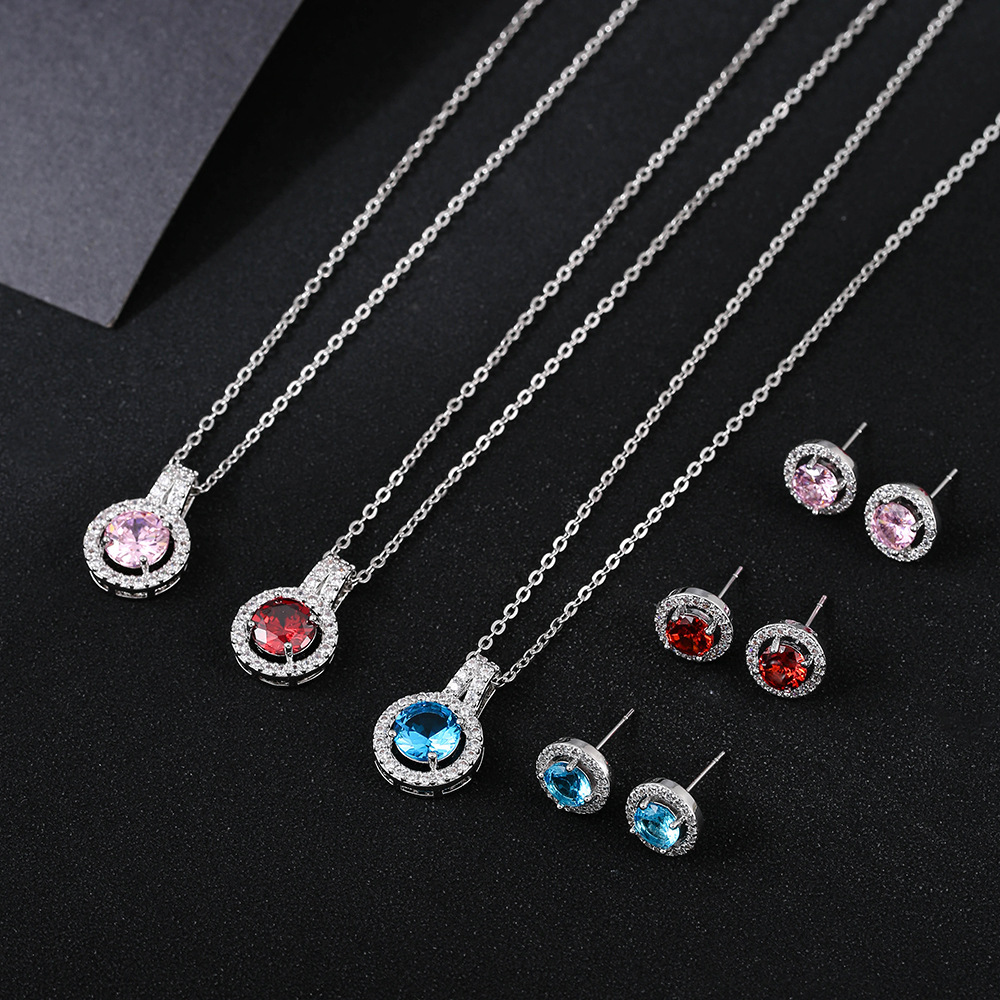 European and American New Light Luxury round Zircon Earrings Necklace Baroque Clavicle Chain Wedding Jewelry Set Pendant Neck Accessories