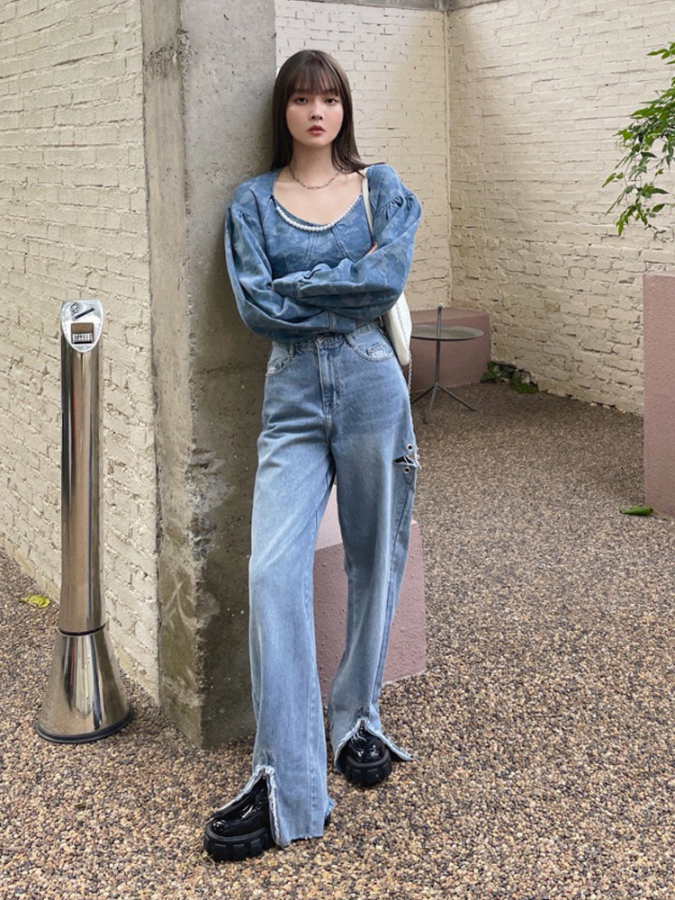 2022春装新款前开叉高腰宽松显瘦拖地分叉微喇叭裤阔腿裤牛仔裤女