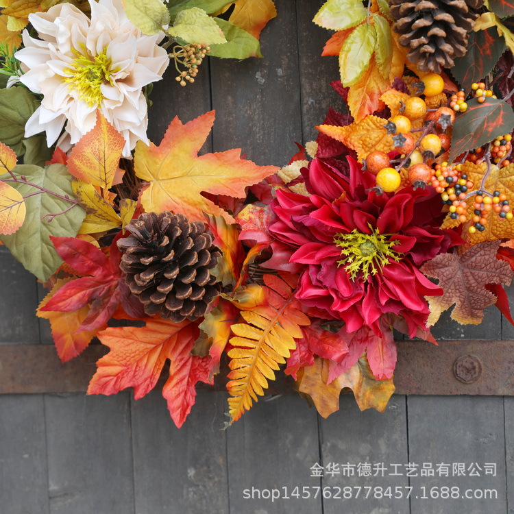 Cross-Border E-Commerce Amazon Thanksgiving Harvest Festival Maple Leaf Pumpkin Pine Cone Autumn Flower Vine Ring Garland Home Decoration