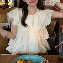 夏季新款韩版百搭时尚小众蛋糕下摆白色娃娃衫小飞袖减龄上衣女
