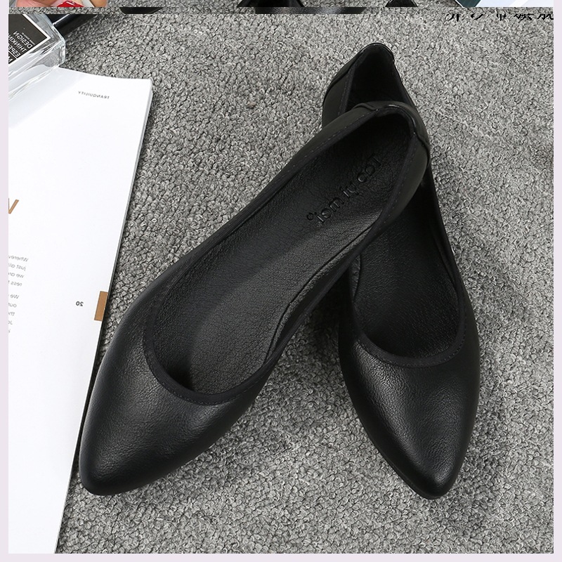 软底工作鞋女黑色平底鞋大码职业空姐鞋女尖头单鞋皮鞋舒适上班鞋