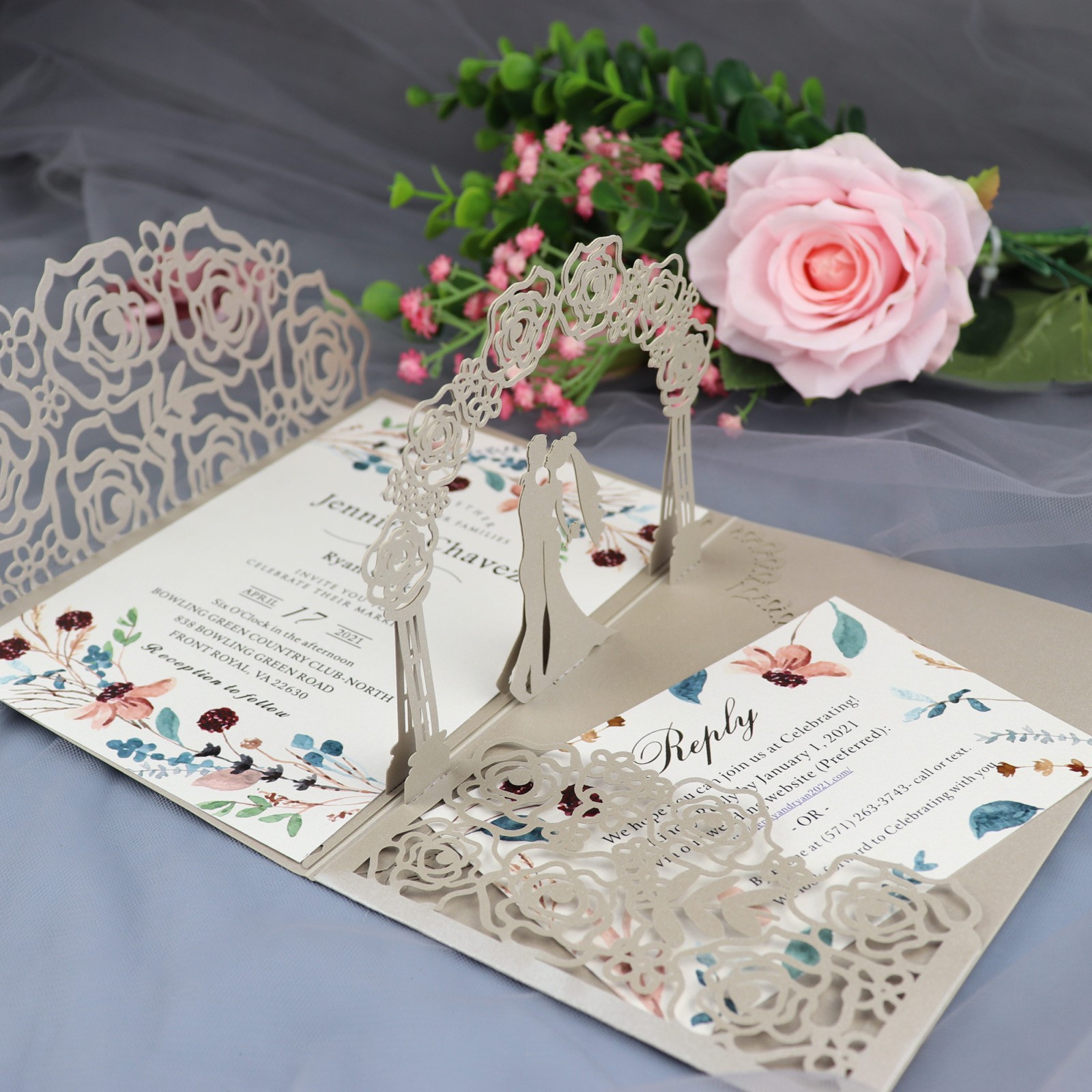 爱曼希 浪漫3d立体玫瑰花贺卡创意婚礼结婚请柬喜帖卡片印刷