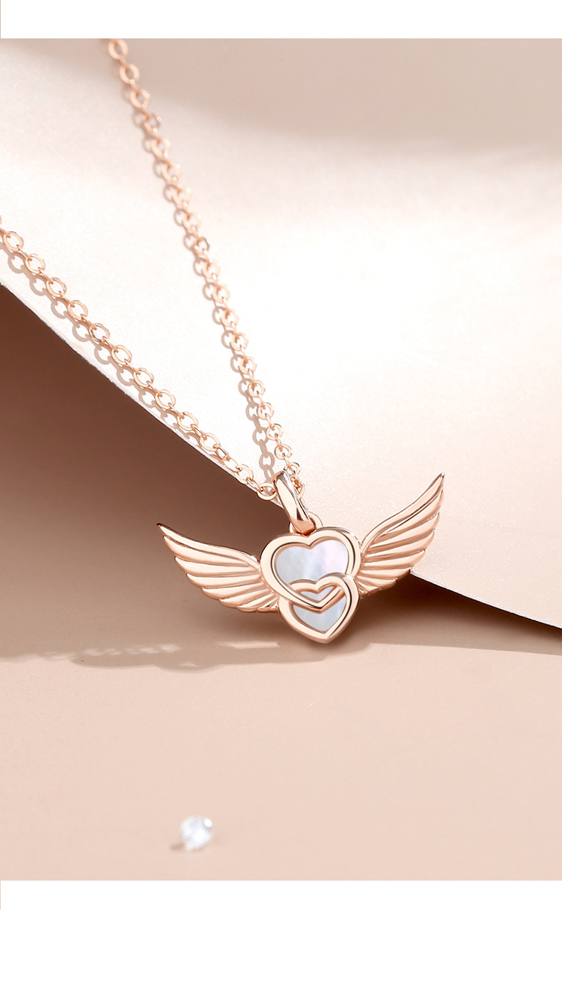 新款天使之翼项链女 创意双爱心贝母锁骨链纯银ins设计项饰品跨境