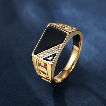 欧美新款个性创意黄金黑锆石三角滴油镶锆石戒指男时尚气质款指环
