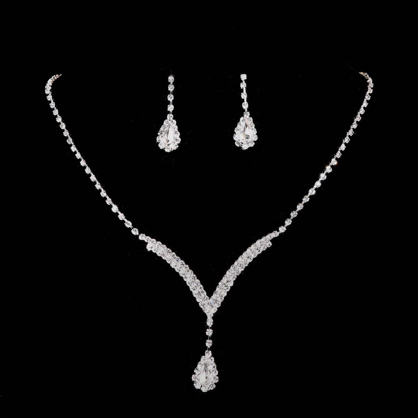 Bridal Jewelry European and American Fashion Full Diamond V-neck Water Drop Pendant Necklace Earrings Set Cross-Border Hot Female N5471
