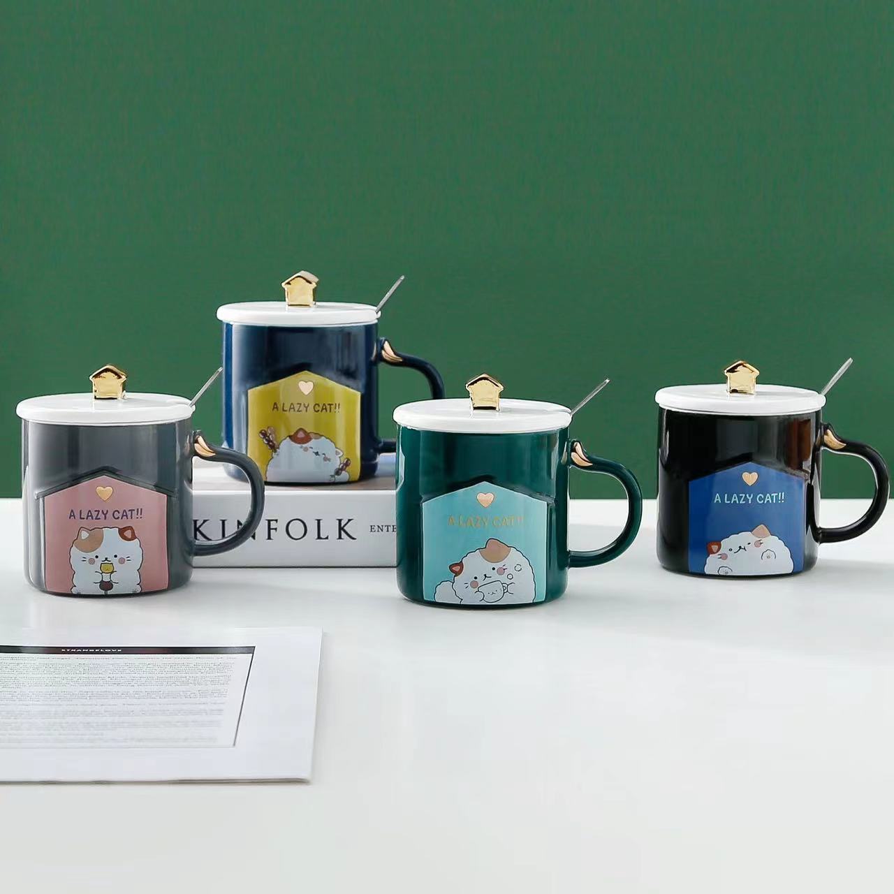 Creative Cute House Cat Ceramic Cup with Lid Spoon Office Home Men and Women Couple Water Cup Wholesale Hand Gift