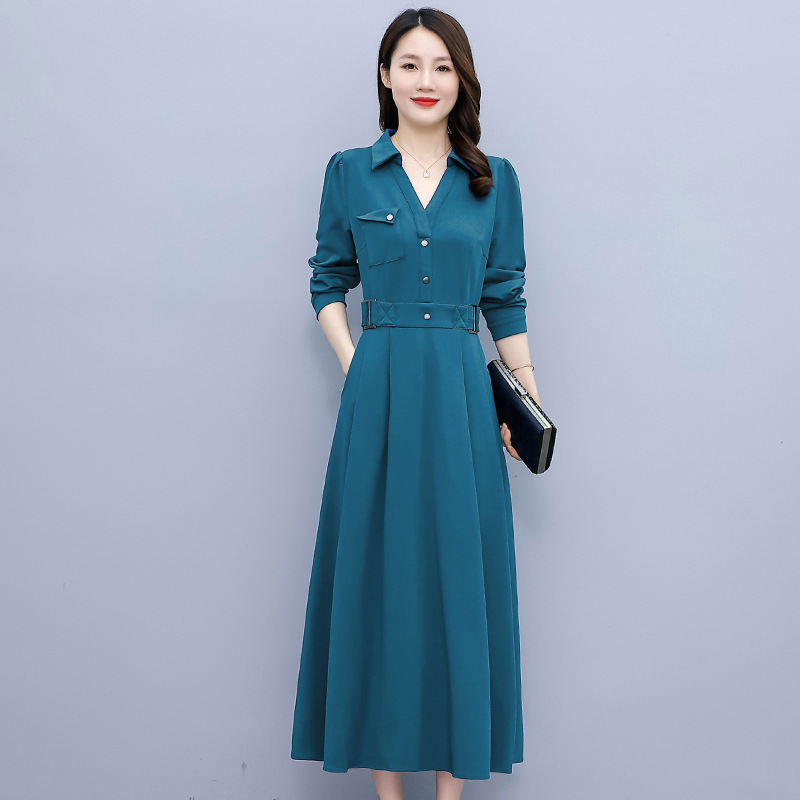 实拍2024春季新款韩版修身显瘦中长款女装时尚长袖连衣裙-阿里巴巴