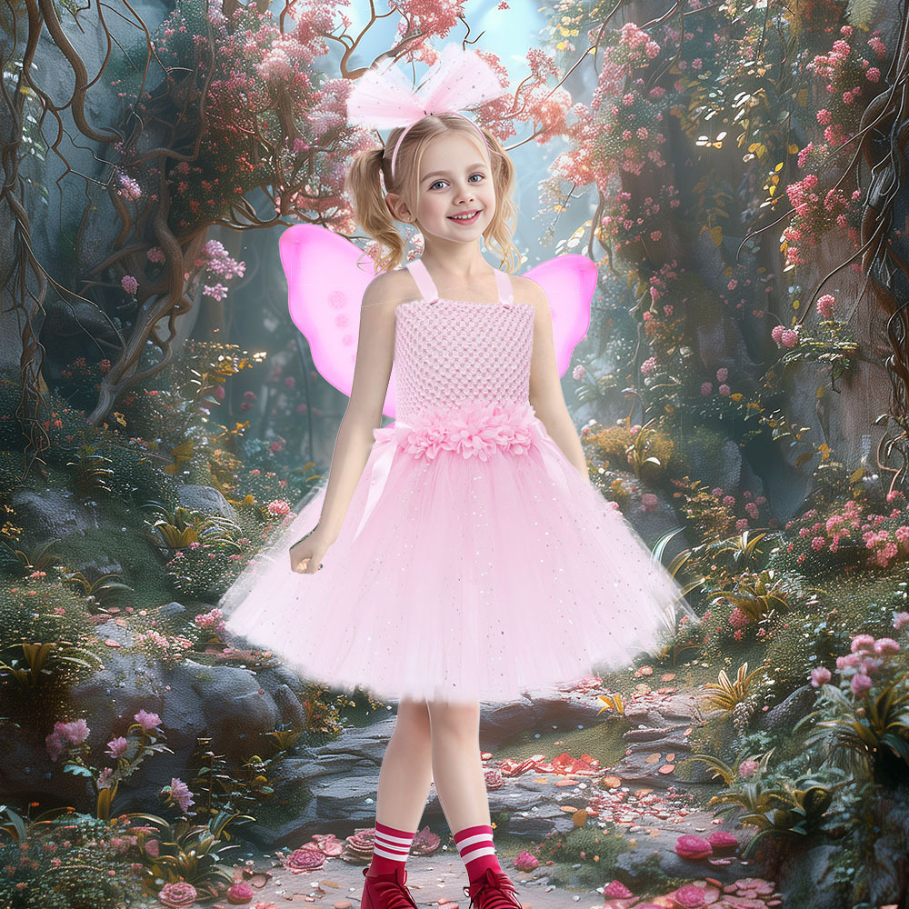 欧美新款花仙子儿童公主裙万圣节小精灵亮片网纱蓬蓬裙女童cos服