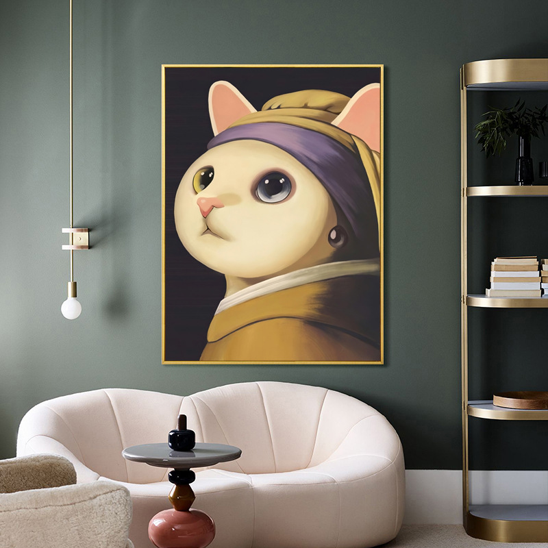 q版蒙娜丽莎带珍珠耳环的少女可爱喵咪客厅卧室墙艺术装饰画画芯