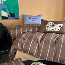 美拉德小狗蓝条纹纯棉床上四件套1.5m1.8米公寓宿舍全棉床单被套