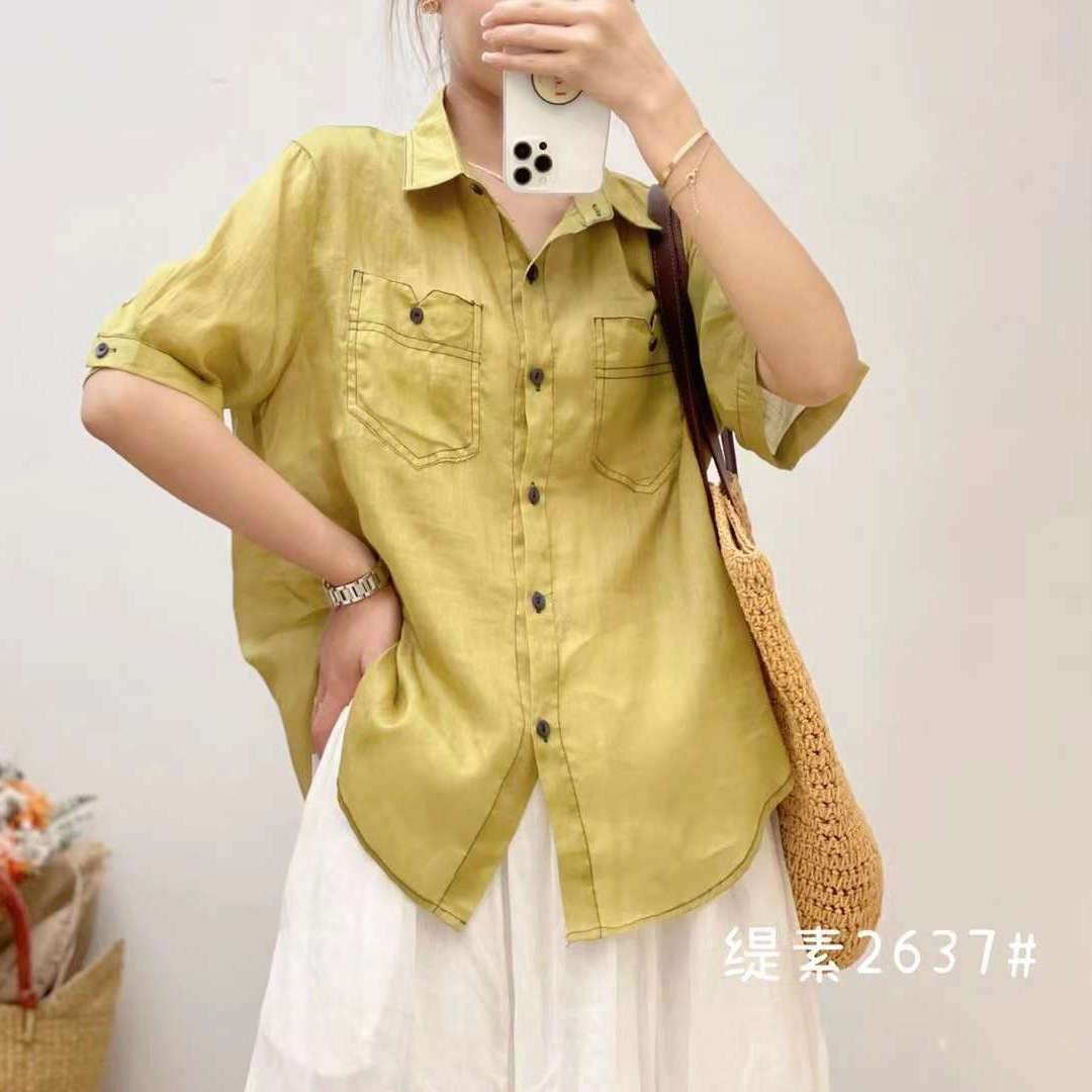 ts2637纯色苎麻百搭简约休闲短袖衬衣2024夏款文艺气质衬衫女装