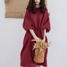 2022秋季新款女装文艺复古连衣裙红色中长款系带显瘦大码衬衫裙女