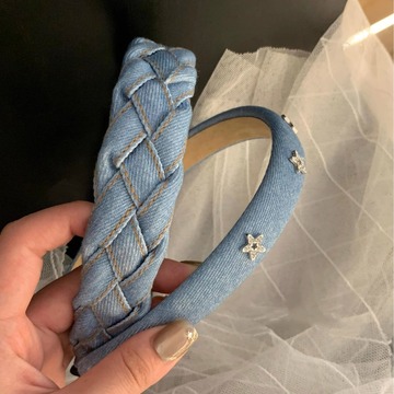 夏日牛仔 蓝色编织宽边发箍女星星水钻细款发卡发捆洗脸头箍发饰