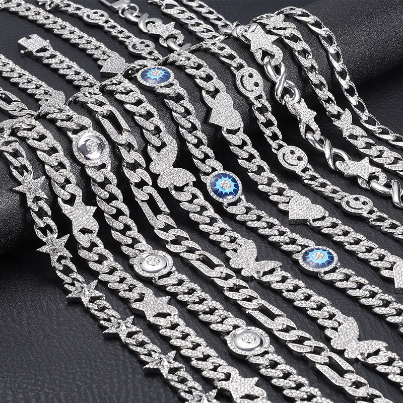 Cuban Link Chain Necklace European and American Men's Versatile Multi-Specification Alloy Rhinestone Cuban Necklace Hip Hop Ear Accessories Factory Wholesale