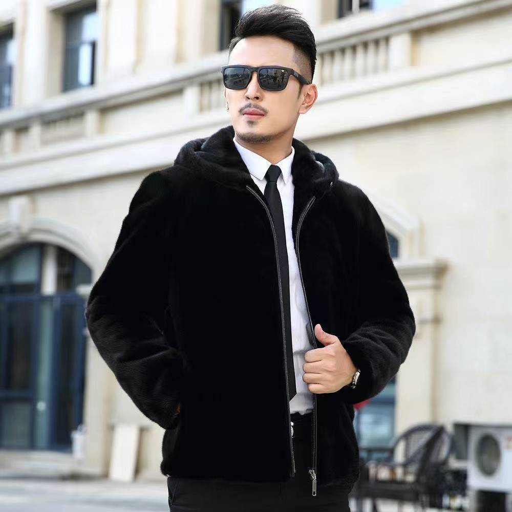 2022新款高端仿水貂绒大衣复合款男士高低毛皮草大衣冬季