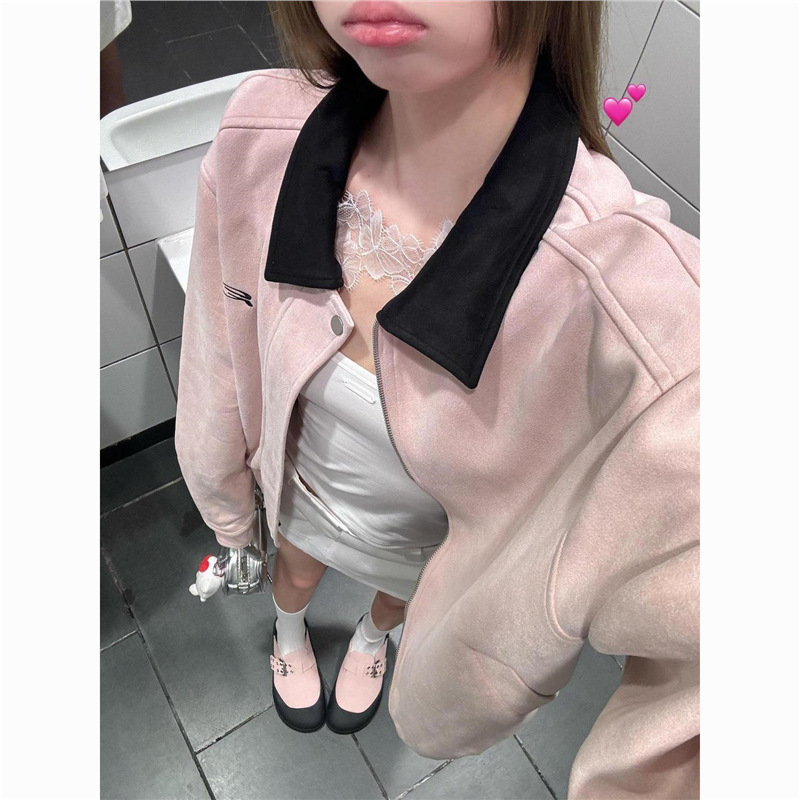 粉色翻领仿麂皮拉链夹克外套春秋冬季宽松百搭夹克款超火开衫上衣