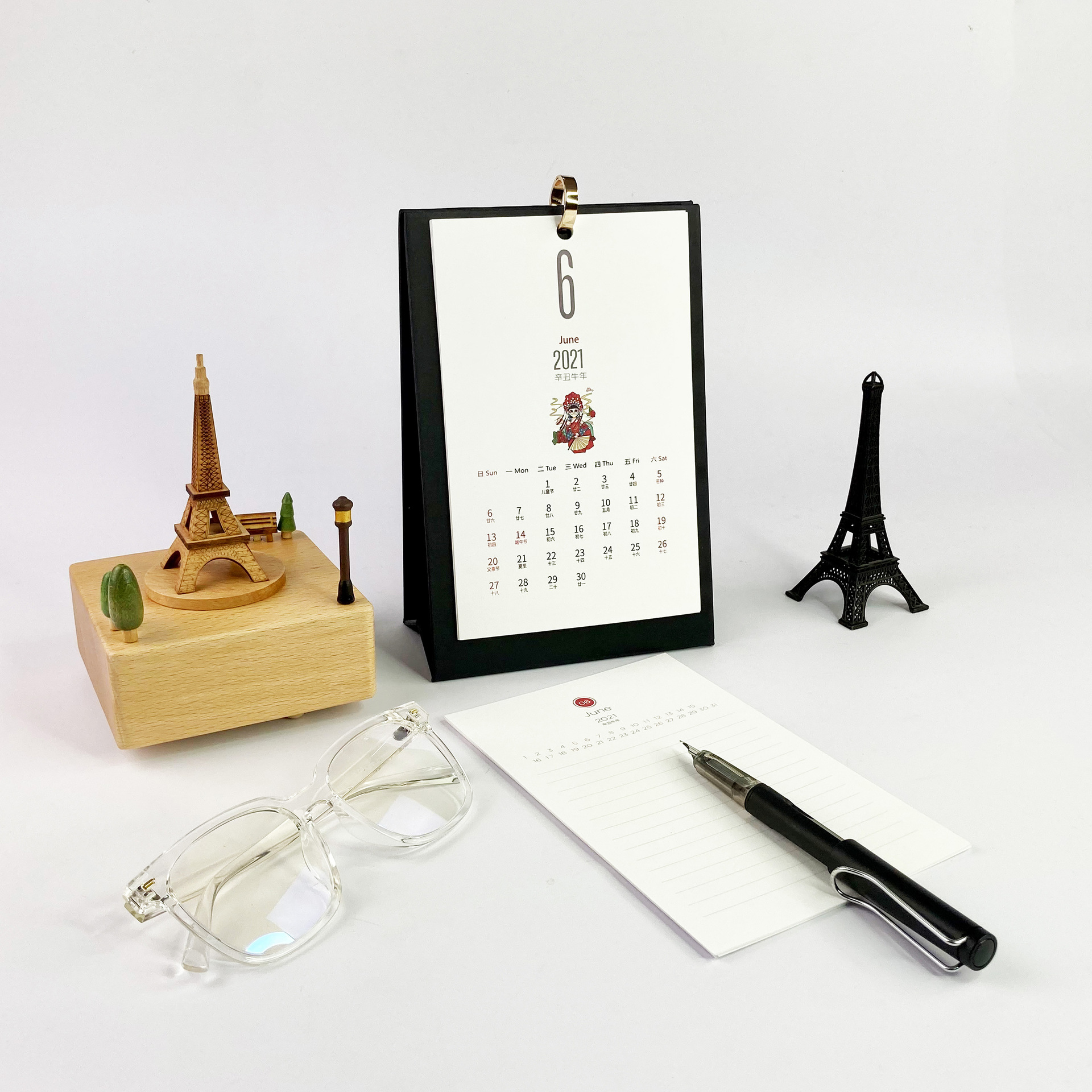 2021ins国风国潮台历黑色底坐办公桌摆件日历简约商务台历
