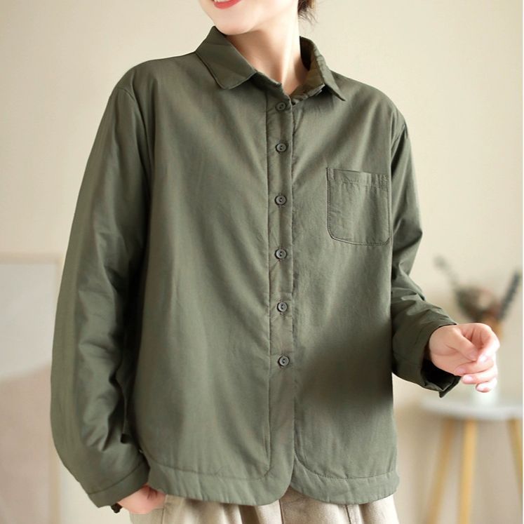 秋冬文艺复古全棉长袖衬衫女夹棉短款大码保暖薄棉服衬衣-阿里巴巴