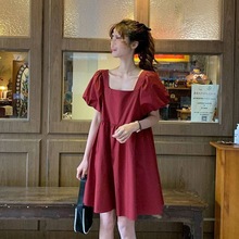 新款2024夏季韩版宽松短袖方领连衣裙女学生宽松网红洋气显瘦裙子