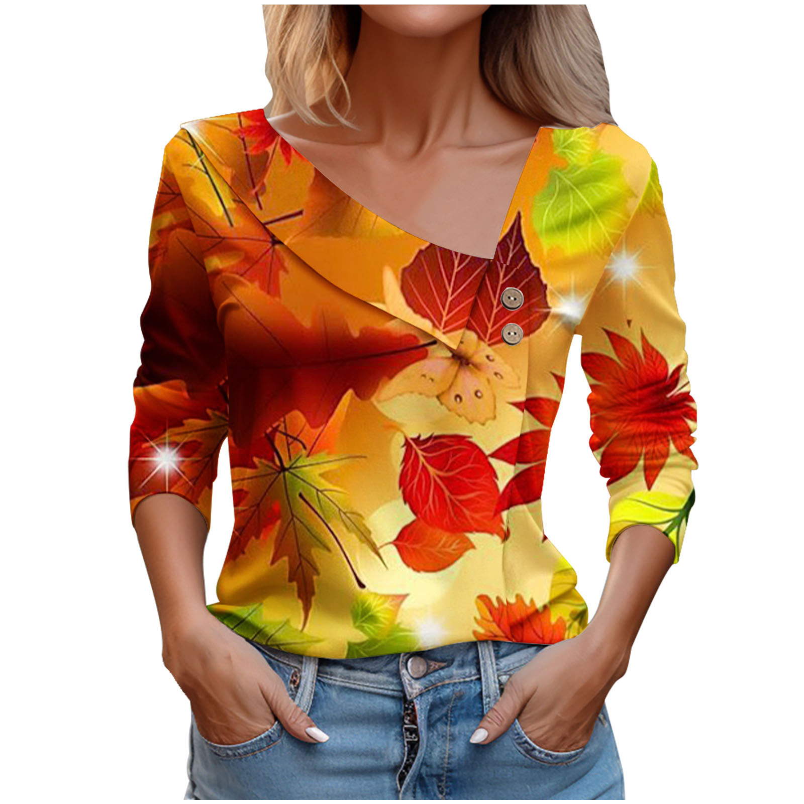 欧美跨境亚马逊速卖通春秋季爆款女装t恤长袖斜领树叶