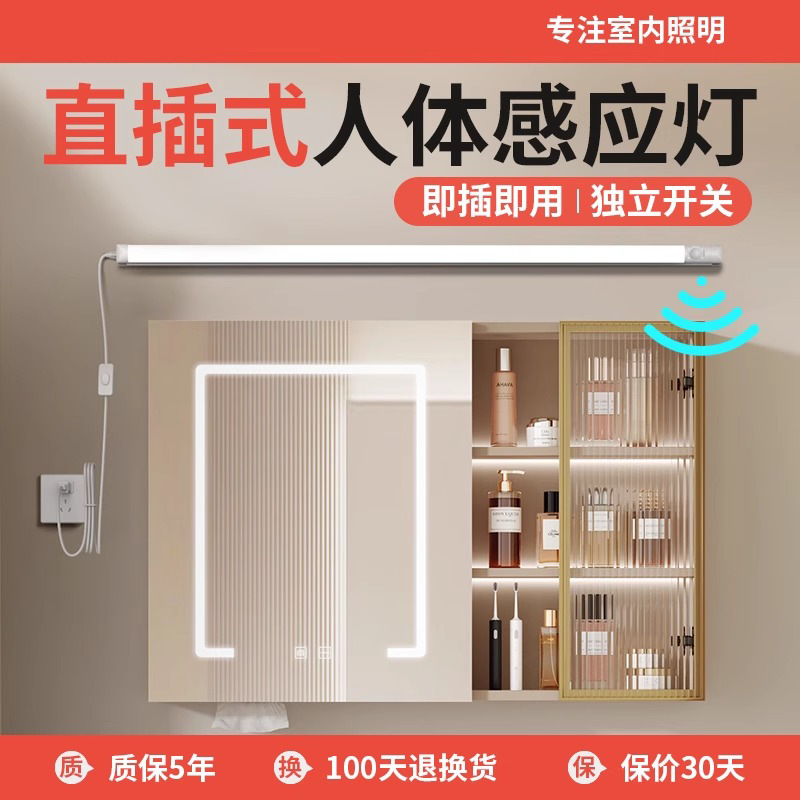 直插式人体感应灯管人来即亮卫生间过道楼梯红外LED一体化支架灯