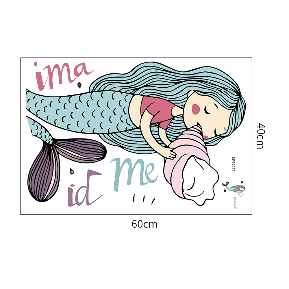 尚易亚马逊卡通美人鱼吹海螺墙贴卧室pvc自粘贴纸批发sp64055