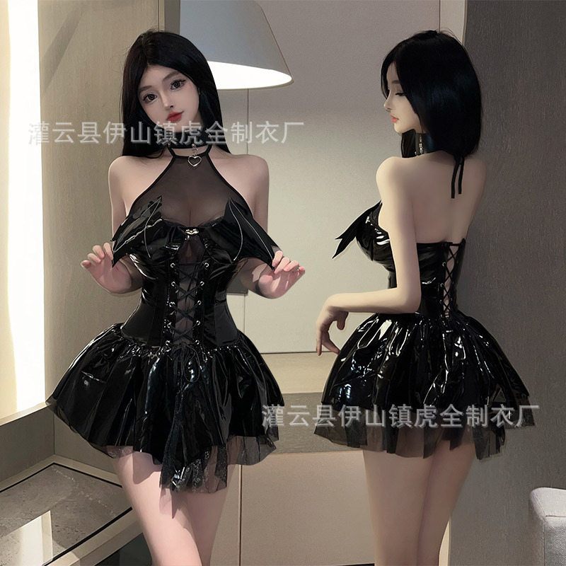 Sexy Lingerie Glossy Pu Halter Strap Bat Demon See-through Skirt Outfit Pu Halter Strap 9889