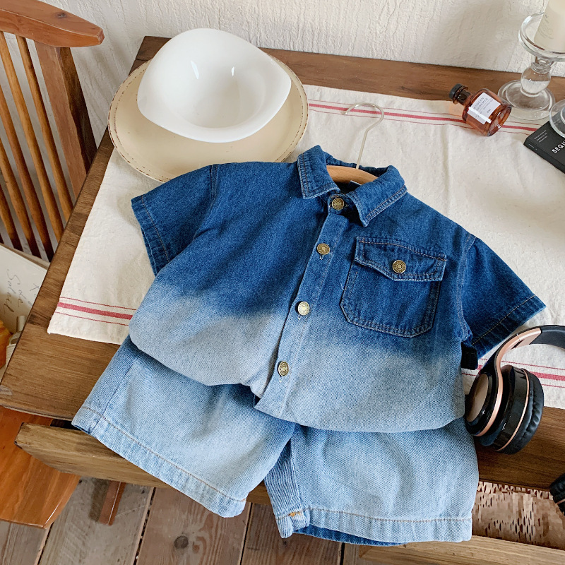 Accent Trendy Match Children's Summer Clothing Boys Denim Suit 2023 Summer New Gradient Color Shirt Shorts Two-Piece Set