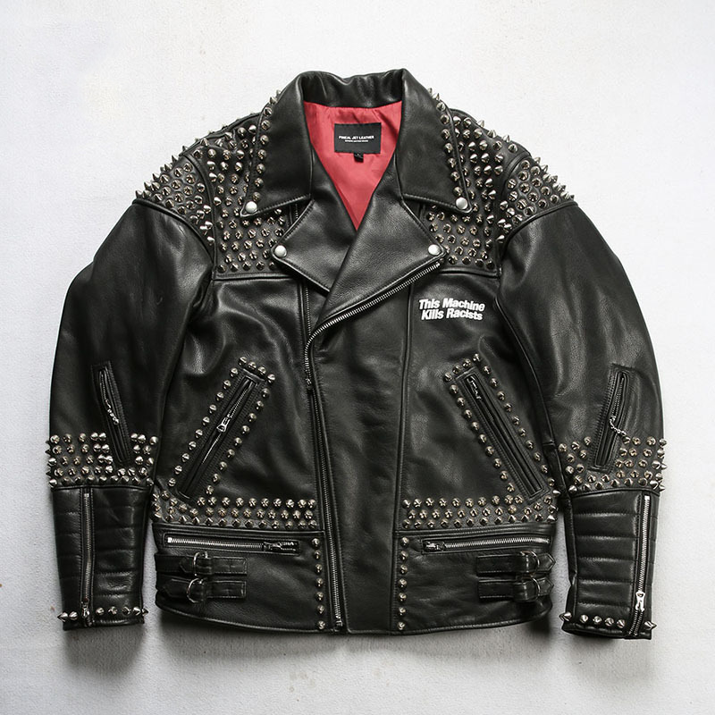 哈雷机车铆钉真皮皮衣男翻领斜拉链林俊杰舞台同款摇滚牛皮夹克