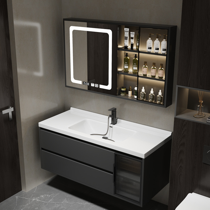 现代简约陶瓷一体盆浴室柜奶油风洗脸洗手台组合洗漱台卫浴柜套装