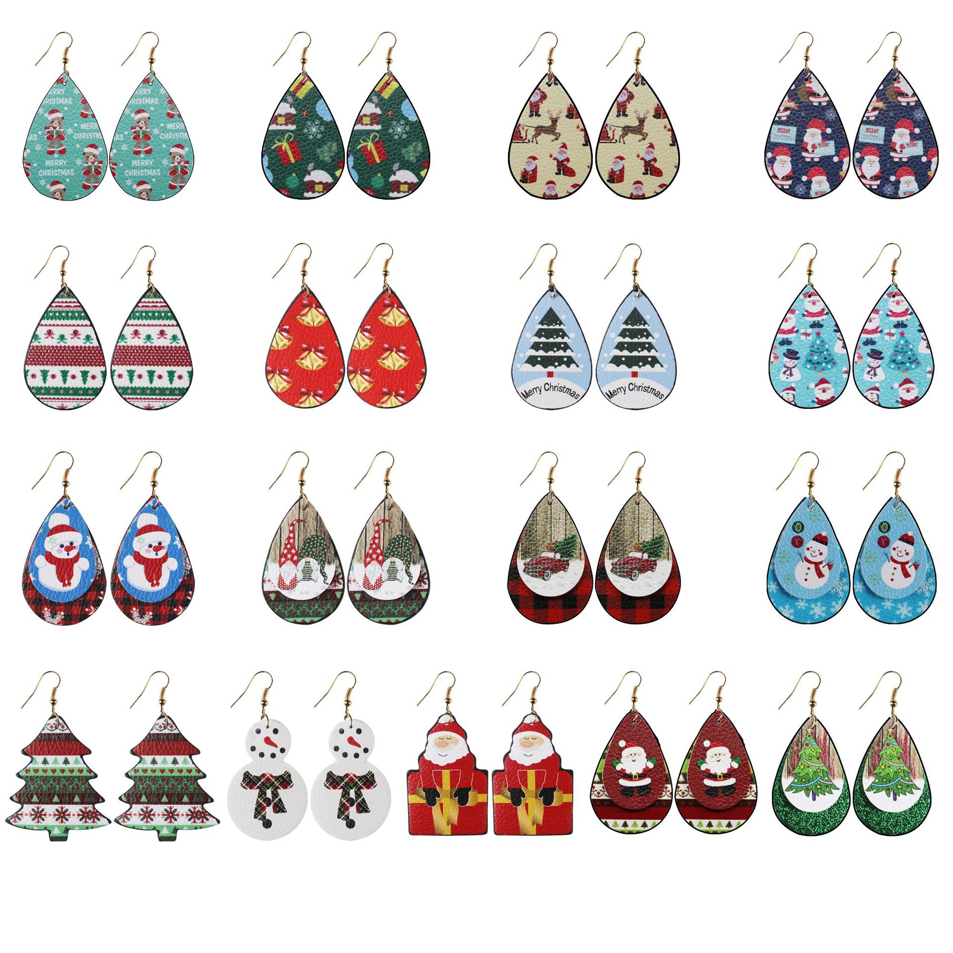 Leather Oil-Edged Earrings Christmas Christmas Tree Santa Claus Water-Drop Eardrops Holiday Ornament in Stock